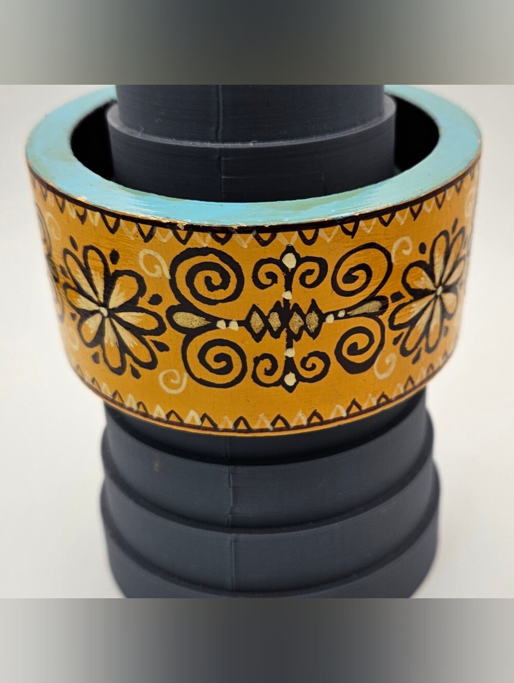 Vintage Hand Painted Wooden Bangle Bracelet Yellow Floral Swirl Wide Chunky Wood